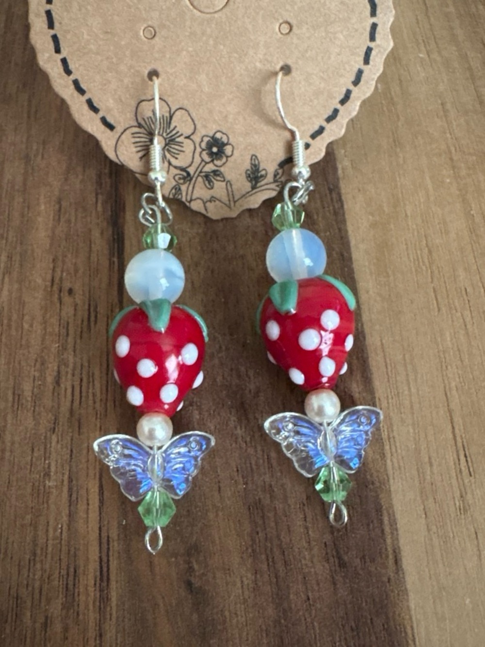 Handmade Strawberry & Iridescent Butterfly Dangle Earrings - Silver